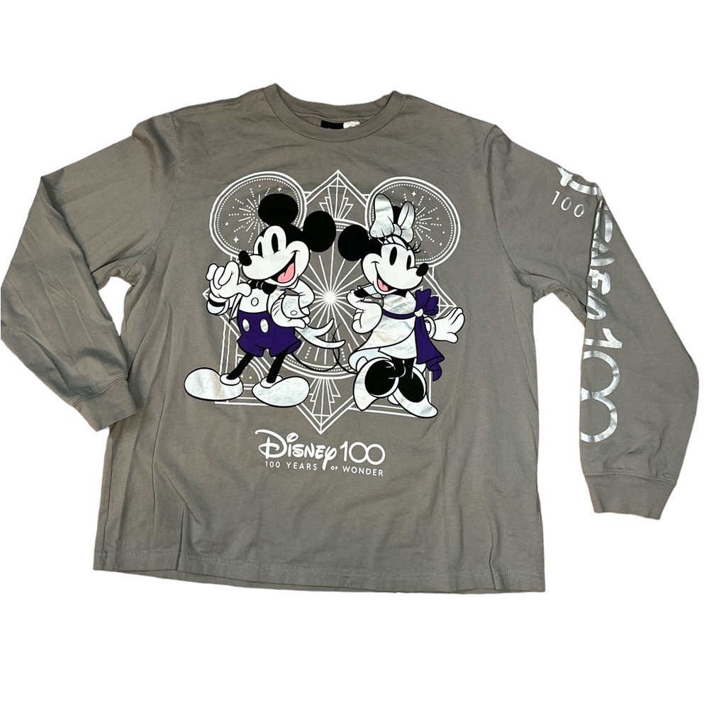 Disney Parks 100 Years of Wonder Mickey & Minnie Gray Long Sleeve‎ Shirt Size L